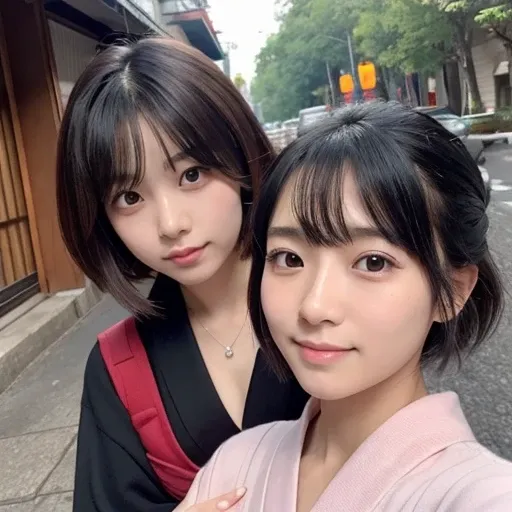 20-year-old women、Japanese、Beauty、The eyes are double、Beautiful Skin、Red kimono、Wearing a pink mask、Selfie、Short Hair、Black Hair、