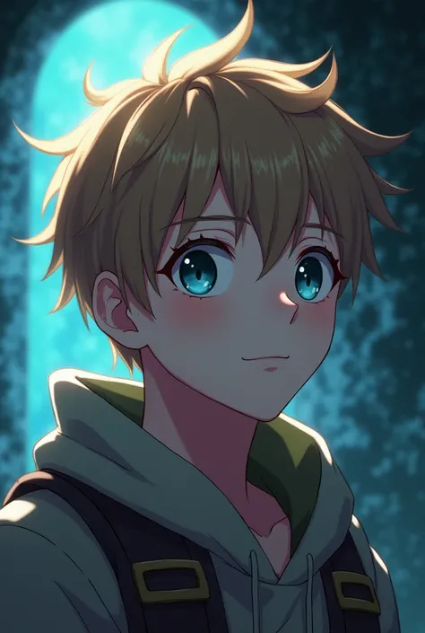 (anime style),male,adventure,(scar on left eye),kind,courageous,Eyes drooping,smile, Dungeon theme,white skin,Handsome and cute face,young man,brown-blond hair,Black left eye,blue ocean right eye