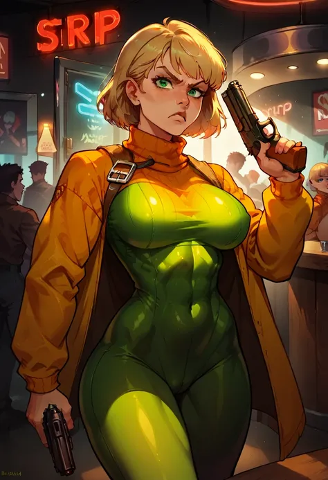 score_9, score_8_up,very aesthetic,uncensored,rating_explicit,rating_questionable, Ashley Graham,score_9, score_8_up, score_7_up, strip club, neon lights, stripper bar, skintight bodysuit, 1girl, green_eyes, determined, ((black turtleneck)), trenchcoat, do...