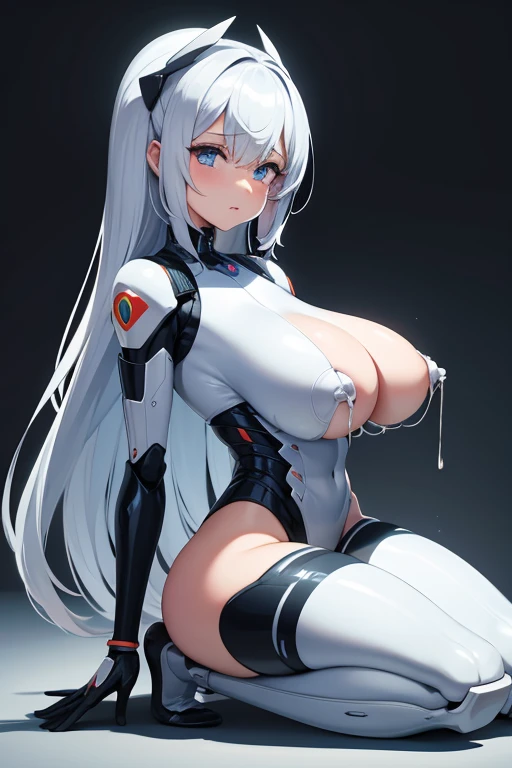 Robot girl with humanoid form, naked and her divisions are visible and she is sticking her tongue out, swollen breasts, breast tips facing outwards and touching them with your hands, standing on tiptoes and kneeling, huge butt that looks wider than the thi...