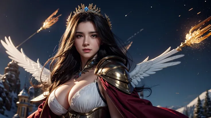 masterpiece, rest, best quality, Very detailed, Super real, 16K, high resolution, castle，snow, ((meteor)),Female Mage，Gorgeous robe，Complex Mode，Pretty Face，Closed mouth，dramatic，Upper Body，Glowing scepter，Black Wings，Large Breasts