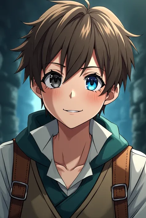 (anime style),male,adventure,(scar on left eye),kind,courageous,Eyes drooping,smile, Dungeon theme,white skin,young man,brown-blond hair,Black left eye,blue ocean right eye