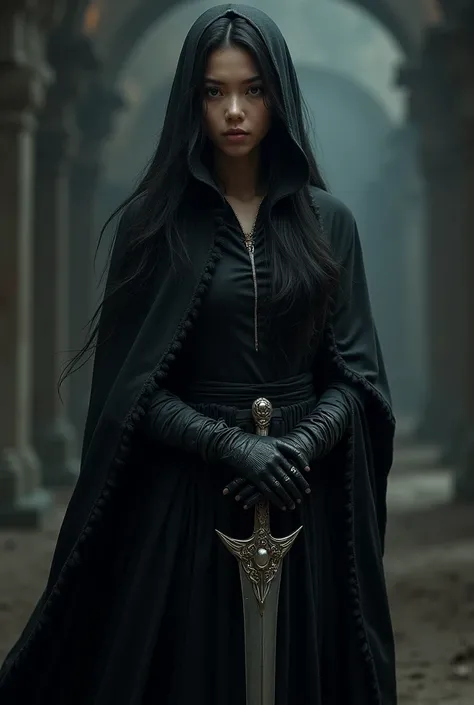 Satria, a beautiful woman dressed all in black, only showing her beautiful eyes while holding a sword.