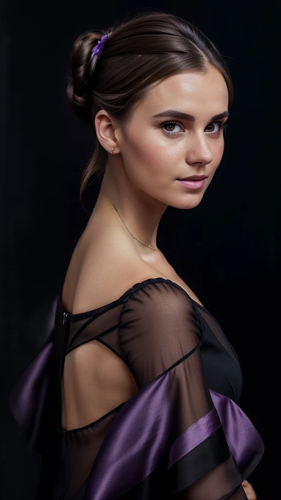 Beautiful european woman with brown hair, french bun hairstyle, hair, wearing black dress with lilac abstraction, holding lilac orchid, promotional image, looking at camera, dark background, casual pose, style of Anka Zhuravlyova, oil painting.