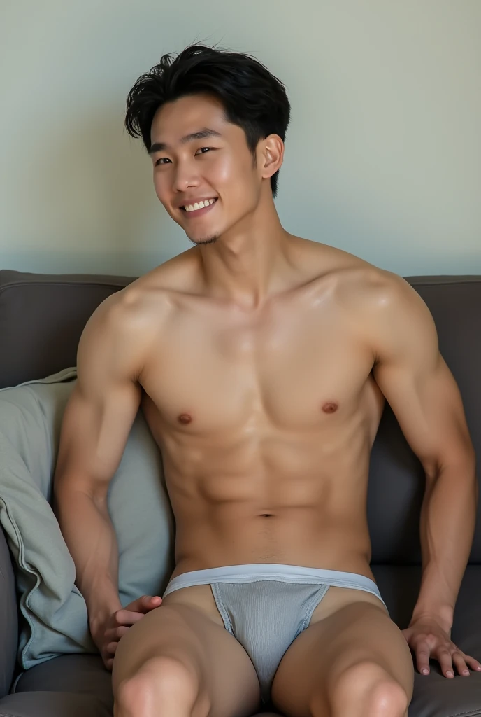 Handsome Korean, briefs, handsome Korean guy, handsome boy, Full Body Shoot, full body, photoshoot, male underwear, briefs, portrait, look at camera, detailed facial parts, Manly, Charmer, Active Boy, lying back on sofa, sleep on sofa, harness, happy expre...