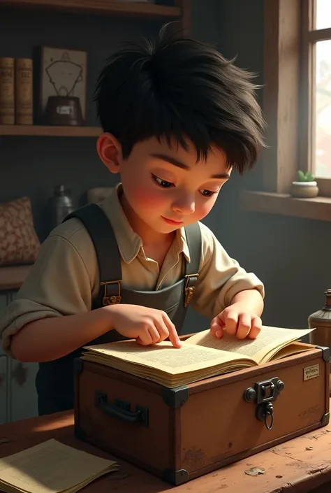 A boy looking at some papers in a box