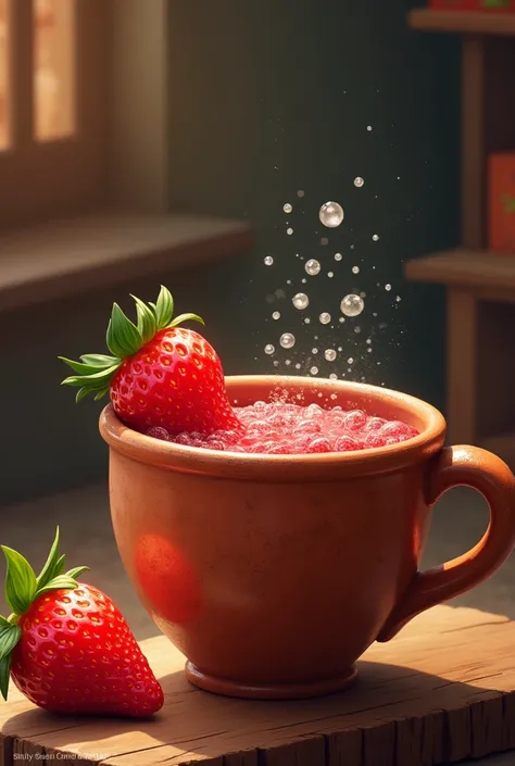 Clay cup with animated strawberry pulque