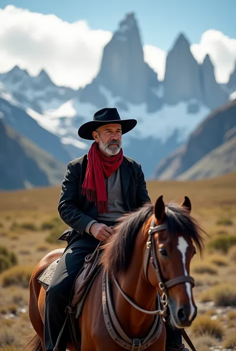 Old gaucho with a black beret on his head and a red scarf around his neck riding his horse in Torre del Paine, profile and horizontal image