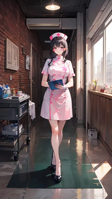 Ultra-high resolution, 8k,high quality,(((Nurse in the nurse&#39;s office,Tight Skirt))),(Oblique angle,Cunning Hand),(Young Girl、glowing、iridescent light,soft shadow,Anime Painting,thin line drawing),One Little Woman,(((Huge breasts,Shapely round breasts)...