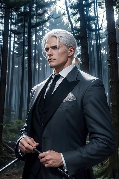 A serious-looking, slightly built man with white hair, blue eyes, a black suit, his hair tied back, holding a short staff in one hand, his whole body visible. There is a weathered forest in the background. Its a dark environment, the view is distant. .