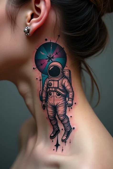 Please I would like unique and creative ideas for simplified astronaut tattoo designs with geometric shapes, tattoo on the side of the neck, retro synthwave style in the universe