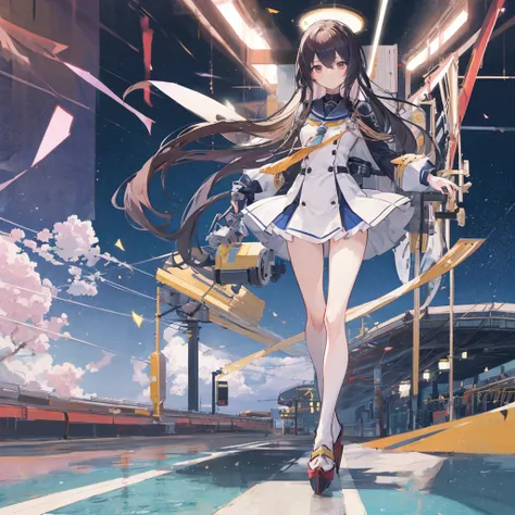 Long-haired anime girl walking on the train platform, Fleet Collection Style, Electromagnetic cannon, The Golden Fleet, Kantai Collection Arcade, captain, Shinkai Makoto风格, Cute girl anime visual, Shinkai Makoto的艺术风格, Beautiful anime high school girl, Anim...