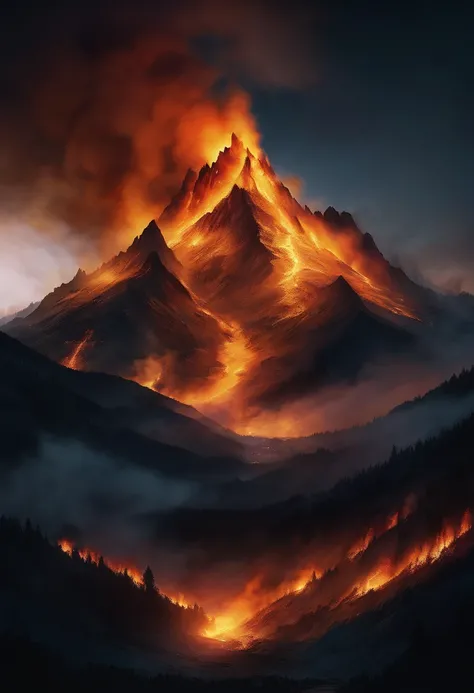 a burning mountain at night, a dramatic fiery landscape, a spectacular night scene, orange and yellow flames, glowing embers, dramatic lighting, cinematic mood, high contrast, volumetric fog, moody atmosphere, detailed textures, realistic 3D rendering, hyp...