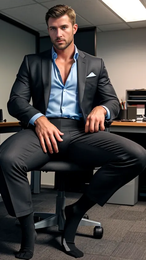 down view of a hansome man, thighs, openned formal wear shirt, wearing formal bright dark mate pants, muscular, stubble, mature ...