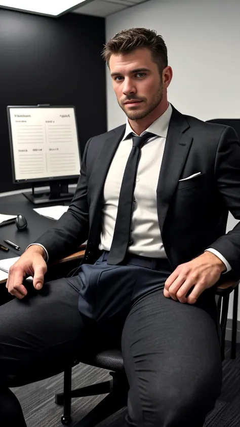 down view of a hansome man, thighs, openned formal wear shirt, wearing formal bright dark mate pants, muscular, stubble, mature chest, cinematic lighting, sitting in a chair at the office,(8k, RAW photo, best quality, masterpiece), (realistic, photo-realis...