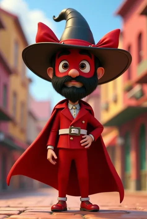 Create an animated image for children of a character called Pilate who wears a red suit with white details., a red cape, a black three-cornered hat made of leather with red bows on each peak. A red mask with a beard that is half black and half gold 