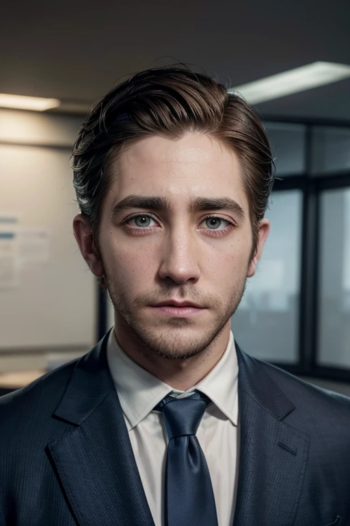 Jake gyllenhaal with short dark brown hair slicked back, wearing dark blue suit with yellow tie in an office.