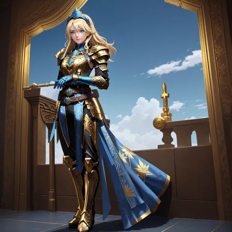 A full-body portrait of two person a young woman in anime style, with long, light blonde hair, framed by a white mantle adorned with golden details. She has intense blue eyes and wears a form-fitting blue armor with intricate engravings of leaves and flowe...