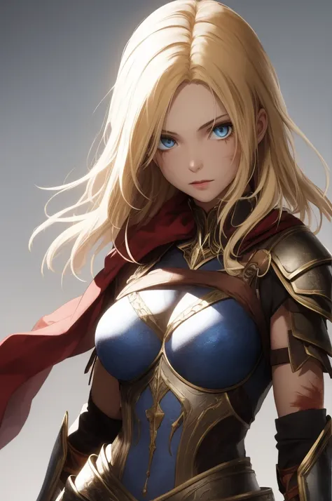 beautiful female warrior, beautiful armor, face detailed, detailedeyes, blue colored eyes, blondie hair, scars on the body.