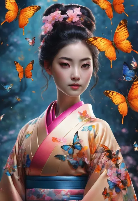 1girl, beautiful butterfly, detailed kimono, highly detailed, ultra-detailed, masterpiece, 8k, best quality, photorealistic, intricate details, vibrant colors, natural lighting, magical realism, ethereal atmosphere