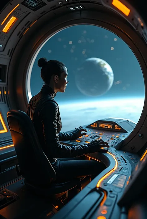 Alien spaceship with a person sitting inside controlling the alien spaceship, the open window with space in the background reaching the planet Earth 