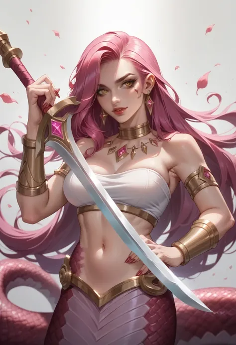 anime girl with pink hair and a white top holding a sword, lamia, anime goddess, samira from league of legends, seductive anime ...