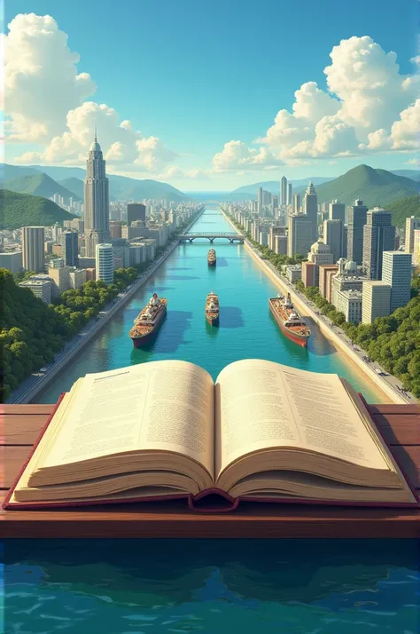 An open book where on one full page is the first ship that crossed the Panama Canal and on the other page the current Panama of Panama 