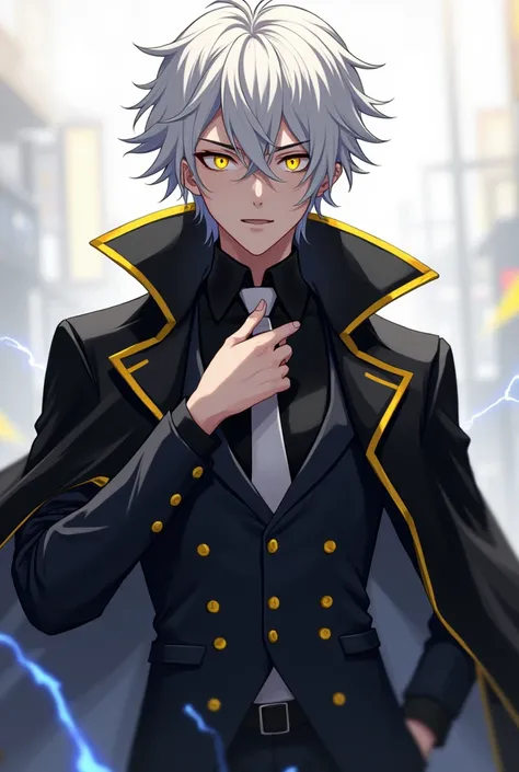 male character, white  hair,black overcoat, yellow details, Black suit with gray tie, dark skin tone, 19yearsold, anime styling,
with electric powers, BRIGHT AND WHITE EYES