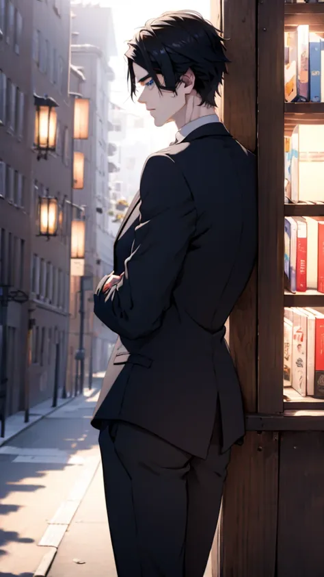 1 boy, medium light black hair, blue eyes, wearing black suit 4d , night town , high res, ultrasharp, 8k, masterpiece, looking f...