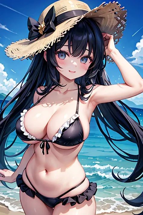 Unparalleled beauty, Glowing Skin、tighten, Black Hair, Beautiful and kind girl,Smiling Kindly,High cut bikini swimwear、Race、Frills、Large Breasts