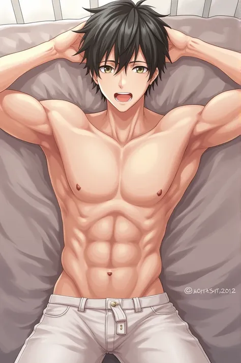 high resolution,highest quallity,high school boys,アニメ,muscular,on top of the bed, genitals 