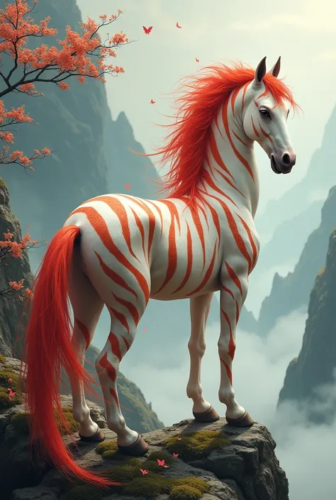 Chinese Mythology，Classic of Mountains and Seas，Lushu，Living in Zhuyangshan，Looks like a horse，The head is white，The body has tiger markings，It has a red tail，When it chirps, it sounds like people singing folk songs，