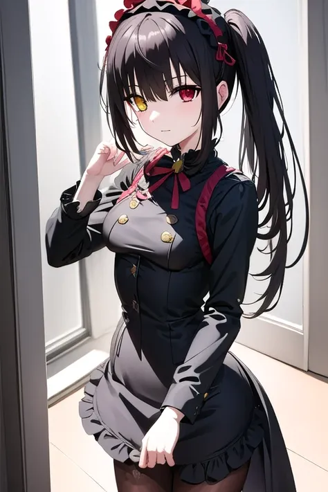 kurumitokisaki, tokisaki kurumi, clock eyes, black hair, twintails, (red eyes:1.5), (yellow eyes:1.5), (heterochromia:1.5), (sma...