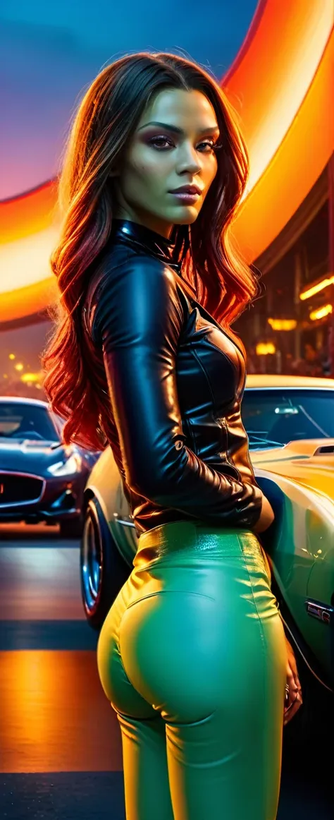 A young (( skswoman
 )), wearing a tight, fitted metal collar wearing (tight, fitted, snug) high cut booty shorts and cropped shirts stands between two (powerful, sleek) Muscle Cars to start a race, engine roaring, in the backdrop of a vibrant Sunset. (Bes...