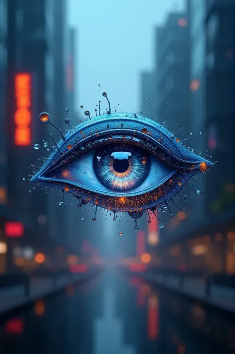 Logo: a stylized symbol that combines an eye (vision) with an African motif, using the colors royal blue, sky blue, and orange.  The logo must be soft and very beautiful. ((cyberpunk style)), Hi-Tech city, mechanical enhancement, (high-tech fantasy), robot...