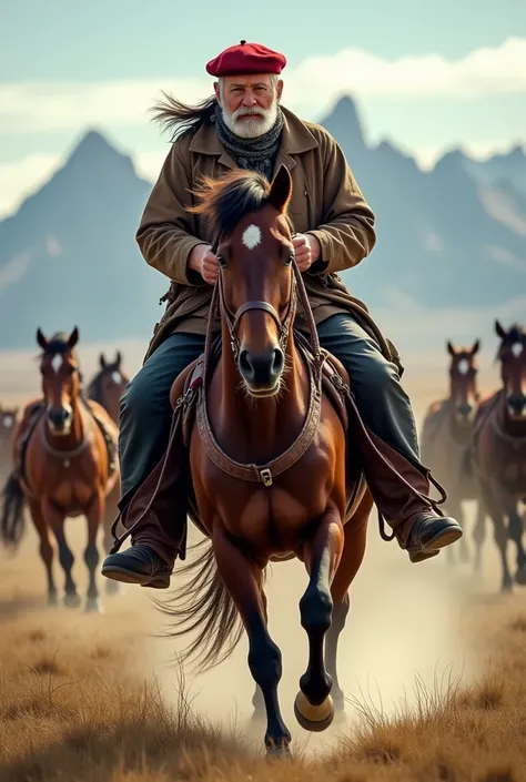 Elderly gaucho wearing a red beret with a scarf around his neck galloping on his horse with more wild horses in Torres del Paine rectangular image of the horse&#39;s full profile