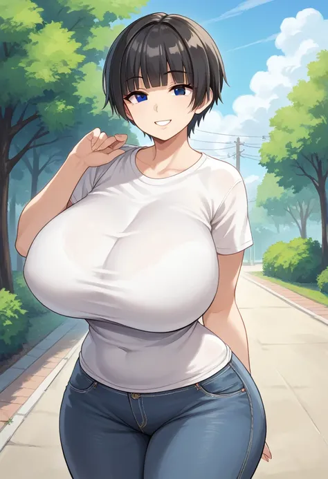 1girl, solo, mature female, older, huge breasts, milf, motherly, wide hips, curvy, tomboy, straight hair, short hair, blunt bangs, black hair, score_9, black eyes, white t-shirt, jeans, outdoors, upper body, looking at viewer, smile