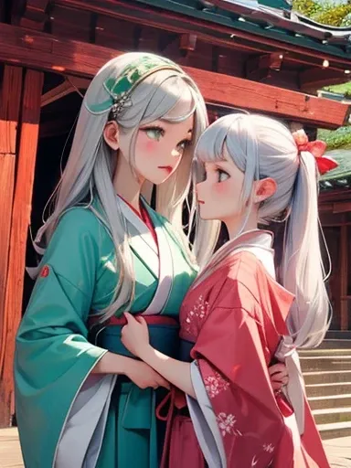 Two beautiful girls、Shrine maiden、Dance、sacred、shrine、Silver Hair、Jade green eyes