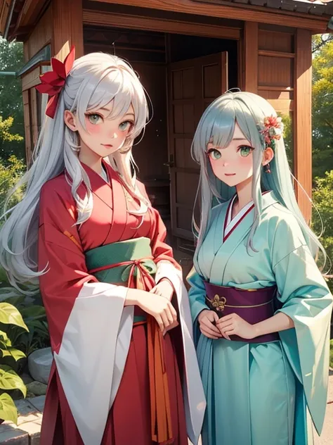 Two beautiful girls、Shrine maiden、Shrine maiden服、Kagura dance、dedication、shrine、Silver Hair、Jade green eyes