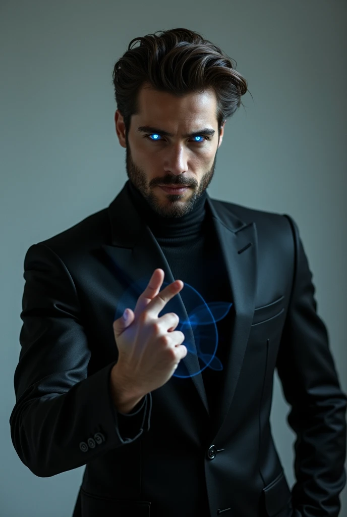 A ( handsome man , black suit , Magical glowing blue eyes , ( snapping fingers) (( front view ))