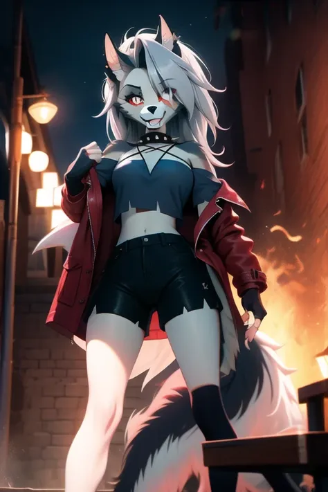 masterpiece, best quality, loona hellhound, loonacroptop, loonashorts, detailed face, detailed eyes, (slit pupils, white eyes), red sclera, happy, [smile, [spiked collar]], pentagram, fingerless gloves, black trench coat, shorts, digitigrade, standing, ele...