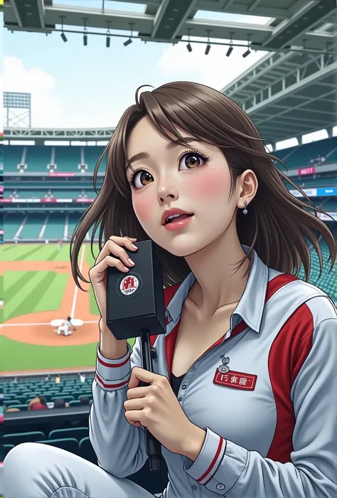 A poster promoting a JAV video featuring photos, realistic images, and a female announcer at a Japanese baseball stadium. In the center, the words "Active Stadium Announcer Makes Shocking AV Debut" are written in large letters.