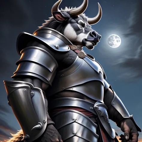 upload on e621, by allandox, anthro, male, (((detailed realistic painting, detailed fluffy fur))), extreme detail, ((bull, medium length horns, bovine tail, muscular)), ((stoic expression:1.3)), full moon background, full body perspective, ((confident pose...