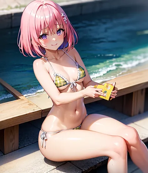 (Highest quality:1.1), (masterpiece:1.4), (Absurd:1.0), Portraiture, close,Beach、Micro bikini one girl, Momo Juvenile Deviluke, hair ornaments, Bobcut, Short Hair Pink Hair, Purple eyes, Mid-chest, yellow , View your audience,  (blush:1.2), smile,
