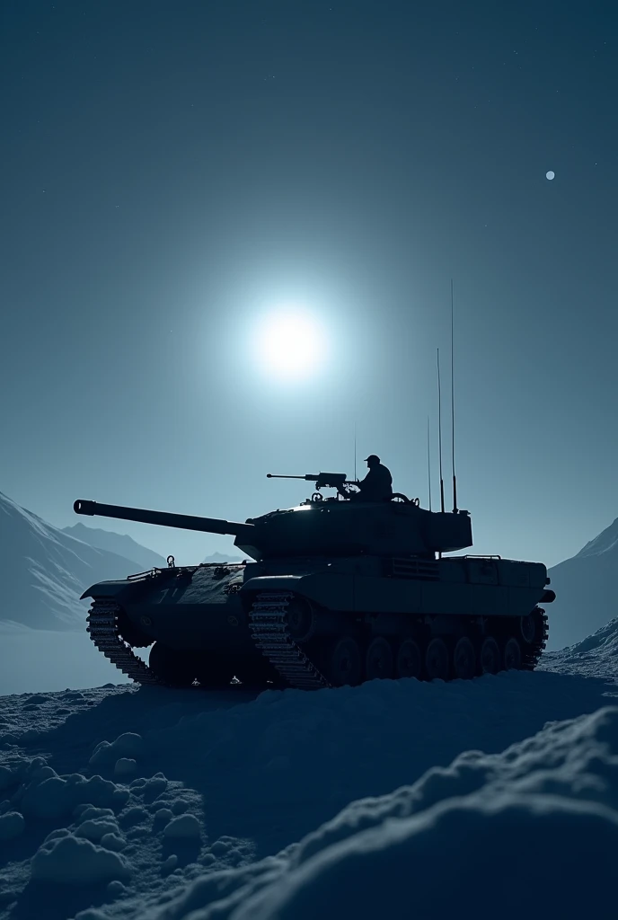 a silhouette picture of a Merkava tank on top of a snowy mountain watches the horizon at night, moon rays, some stars, fog of war, vibrant, Ultra-high resolution, High Contrast, (masterpiece:1.5), highest quality, Best aesthetics), best details, best quali...