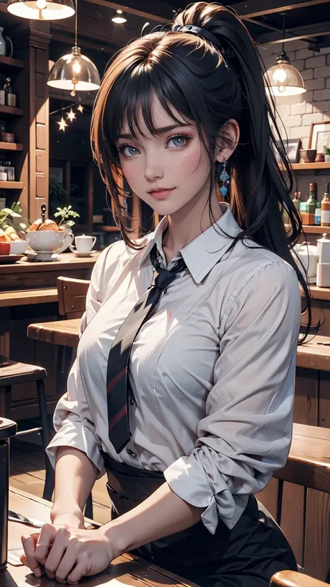 girl, Black Hair, sister, Tie your hair into a ponytail、Smile at the speaker, High-quality images, masterpiece, beautiful girl, Cafe,