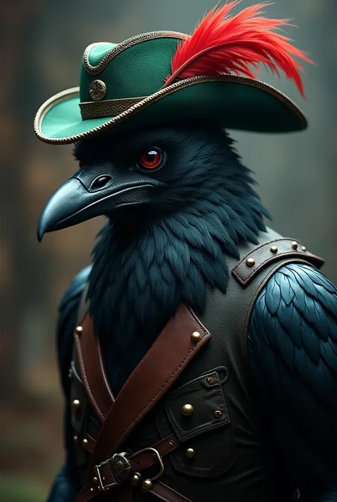 crow, with big eyebrows, green tricorne hat with red feather, Leather clothes, 