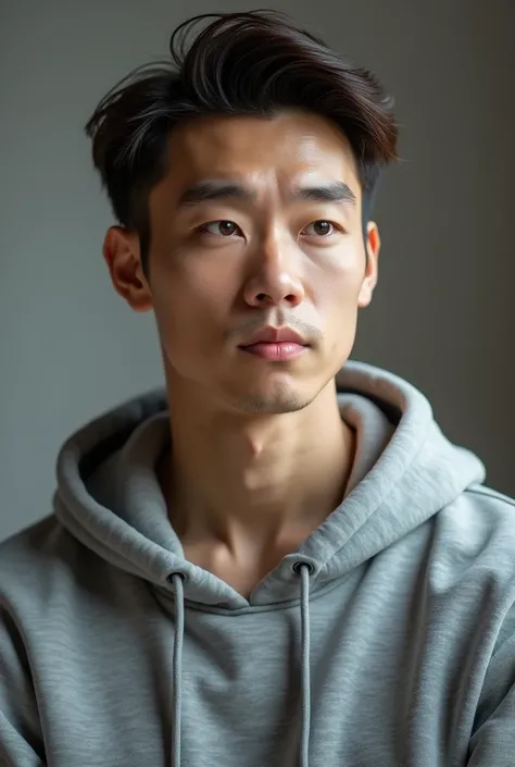 A 37 year old Asian man with brown hair and with brown eyes wearing grey hoodie