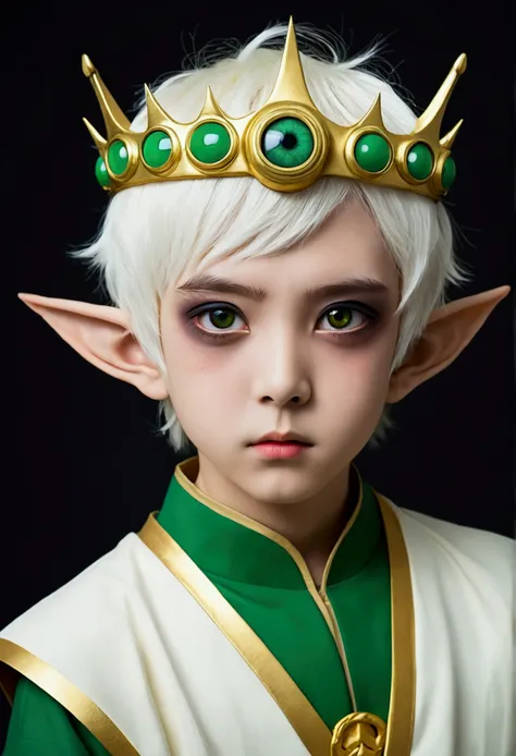 Japanese Anime，Second dimension，Horror style，horror character，(((Three-eyed boy，solo，The third eye on the forehead，Dark eyeshadow，White short hair，Elf ears，Green Skin，Exaggerated golden crown-eyeball decoration))),(((Japanese clothing))).(((Thin waist，Gree...