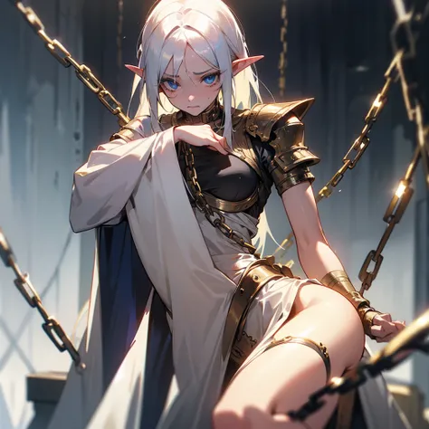 White skinned elf, with chains, with good body, sad, scared, She is a slave and her clothes are torn 